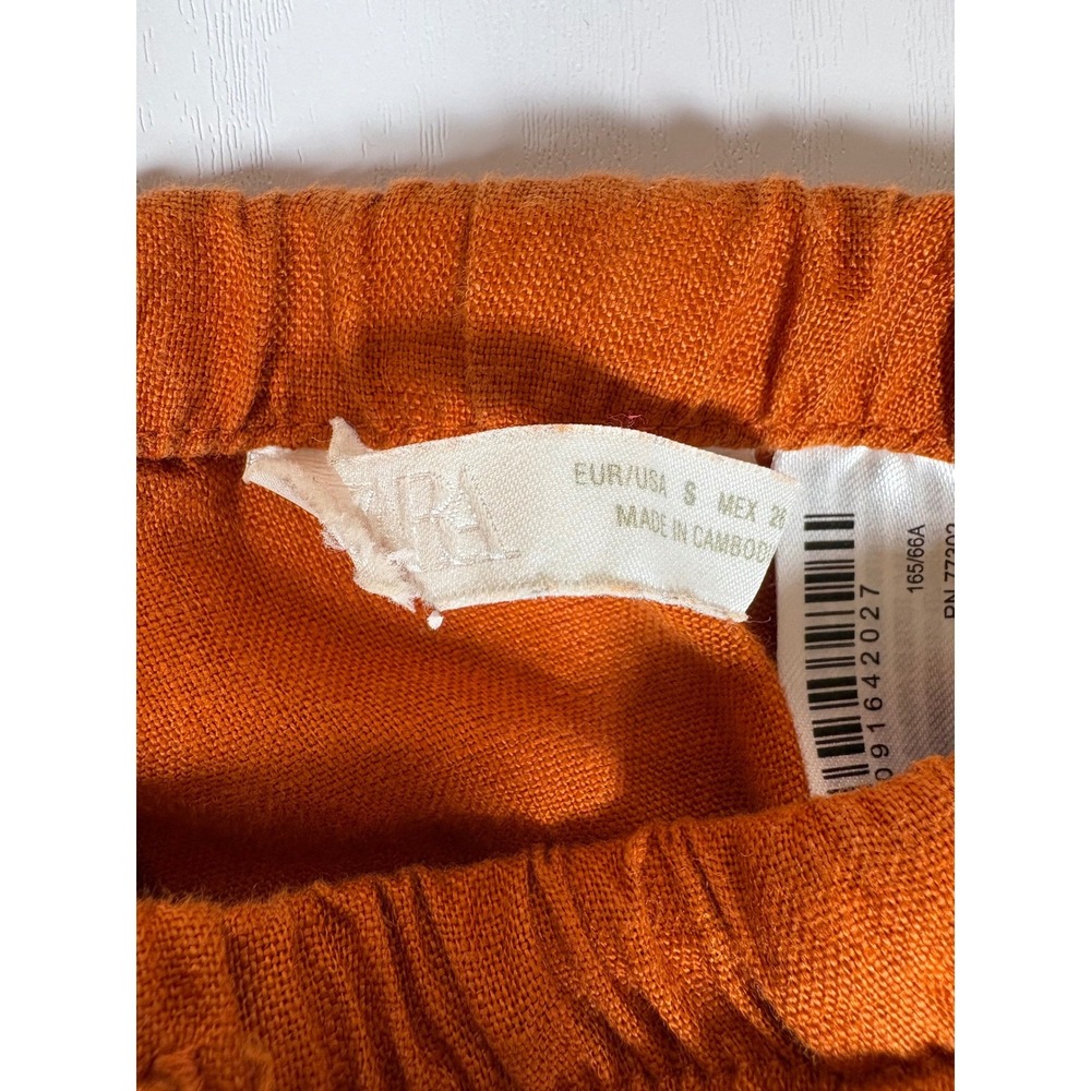 Zara Women Burnt Orange 100% Linen Wide Leg Drawstring Pants Size Small S Boho - Picture 3 of 13